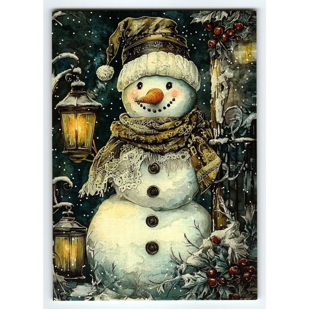 Vintage Christmas Snowman Postcard Lithograph 5.5x4 Winter Scene